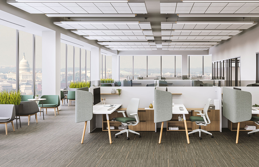 Open office with Fit panel workstations, overhead lighting, storage, and large windows