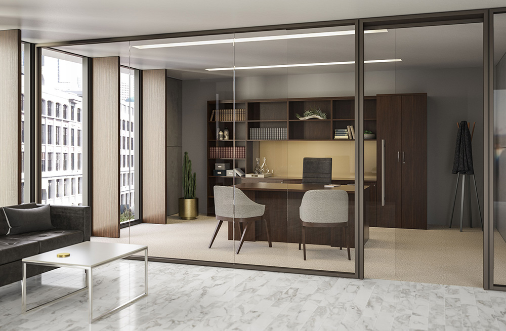 Medley glass-walled conference room with wood cabinetry and a large meeting table