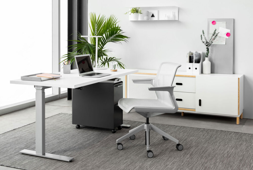 Bright home office with an executive desk, white task chair, shelving, and indoor plants