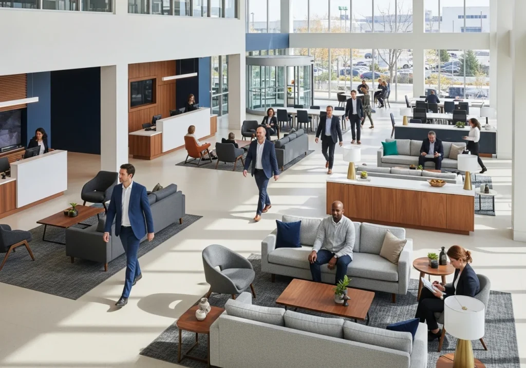 Modern corporate lobby with professionals in a bright, spacious setting