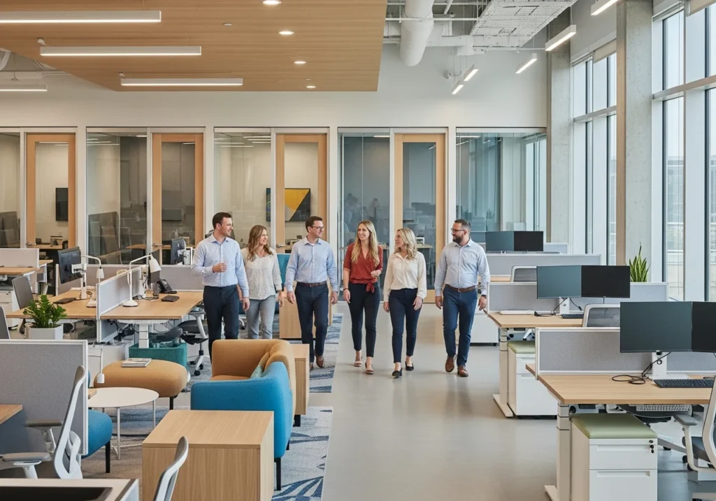 Business team walking through a modern open-plan office space