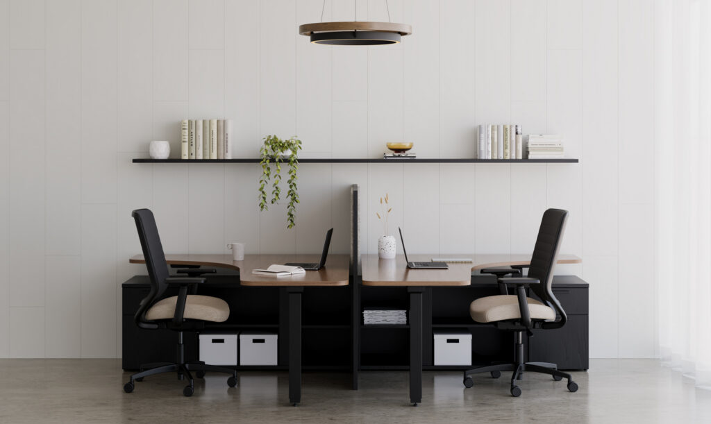 Minimal OFS workspace with white cabinetry, floating shelves, pendant lighting, and hanging plants