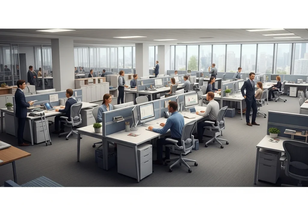 Modern office with open-plan workspace and collaborative teams
