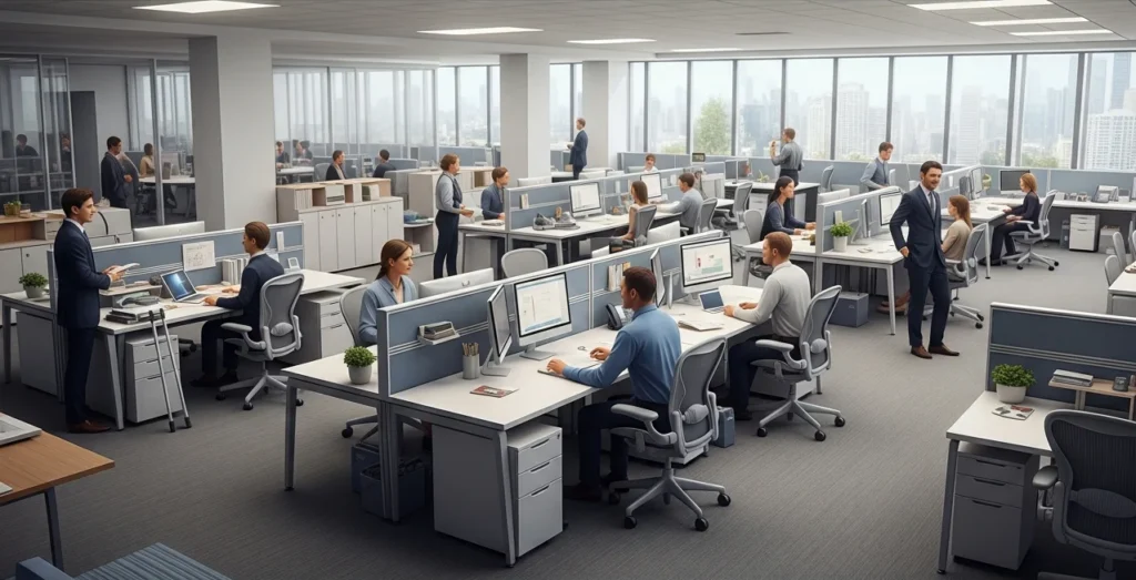Modern office with open-plan workspace and collaborative teams