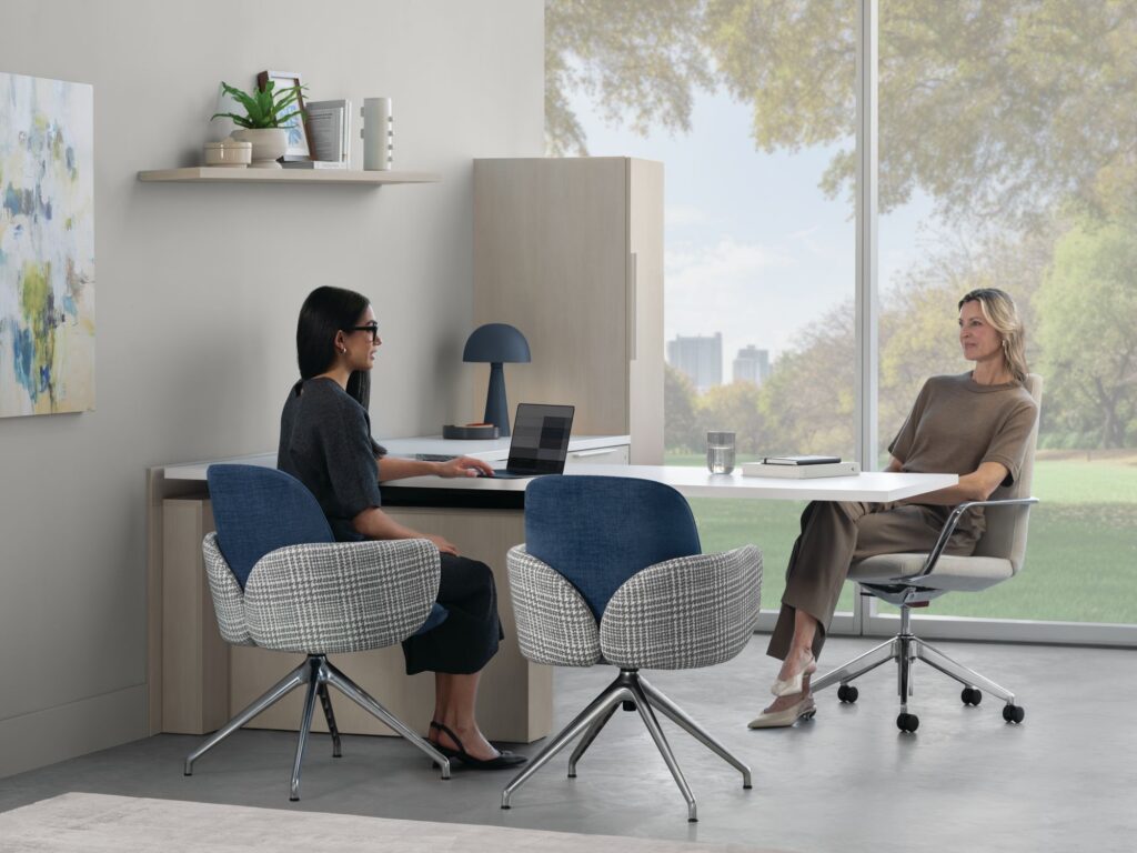 Two professionals meeting across a private office desk with upholstered guest chairs, a laptop, built-in storage, and floor-to-ceiling windows.