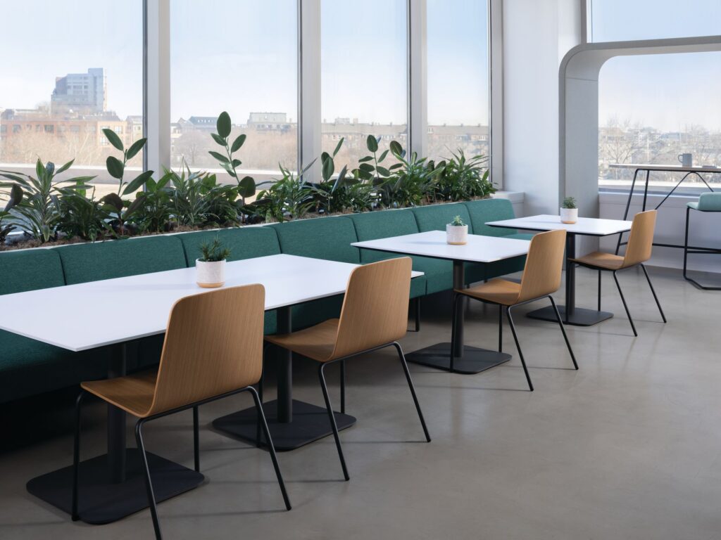 Bright office café with green banquette seating, white tables, wood chairs, integrated planters, and floor-to-ceiling city-view windows.