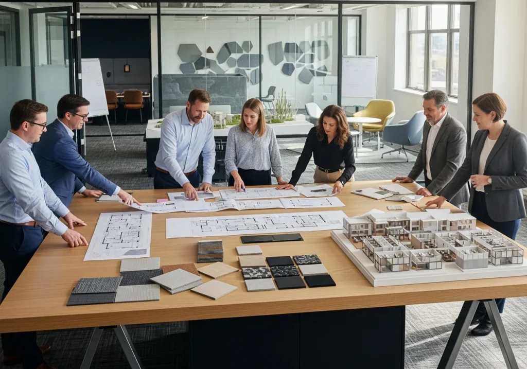 Diverse team reviewing plans in a modern conference room