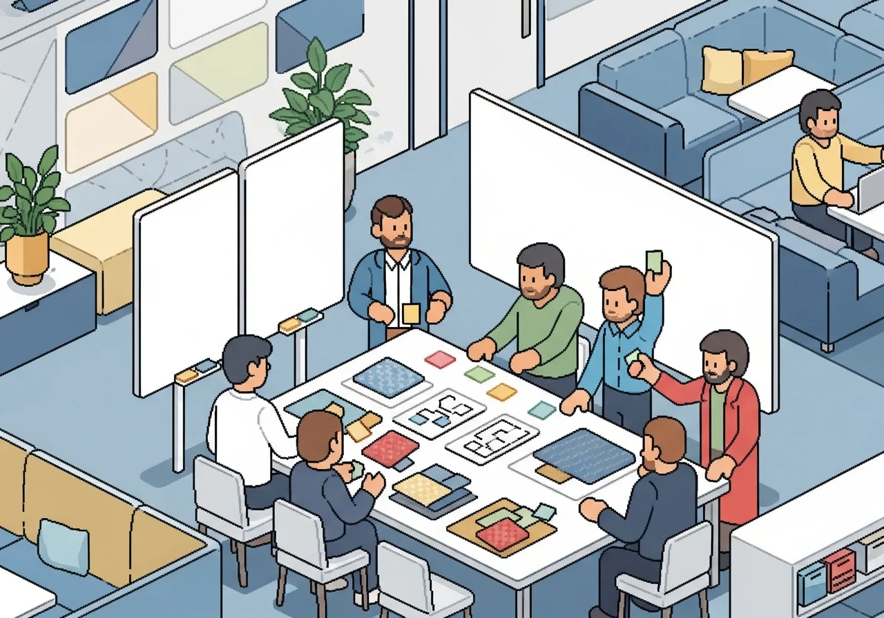 Employees in a workshop using sticky notes and design materials