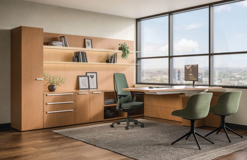 Contemporary private office with a wood desk, integrated shelving and storage, ergonomic chair, guest seating, and floor-to-ceiling city views.